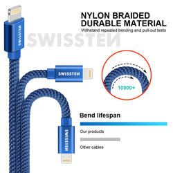 Swissten Datový kabel textilní USB / LIGHTNING BLUE 0,2-2,0m