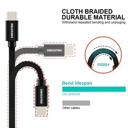 Swissten Datový kabel textilní USB-C / USB-C BLACK 1,2m - kopie