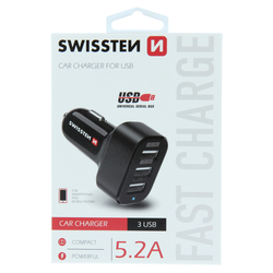 Swissten CL adaptér 3x USB 5,2A BLACK