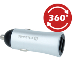 Swissten CL adaptér Quick USB 3.0 + USB 2,4A 30W metal SILVER