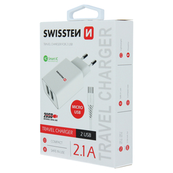 Swissten Síťový adaptér Smart IC, 2x USB 2,1A microUSB 1,2m bílý