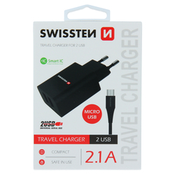 Swissten Síťový adaptér Smart IC, 2x USB 2,1A microUSB 1,2m černý