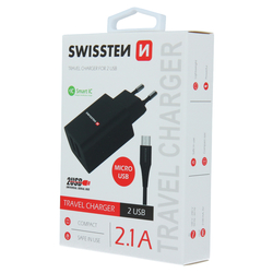 Swissten Síťový adaptér Smart IC, 2x USB 2,1A microUSB 1,2m černý