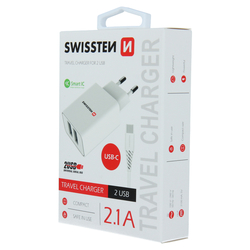 Swissten Síťový adaptér Smart IC, 2x USB 2,1A USB-C 1,2m bílý