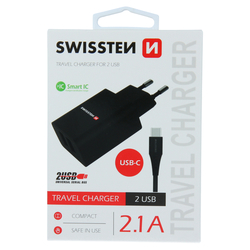 Swissten Síťový adaptér Smart IC, 2x USB 2,1A USB-C 1,2m černý