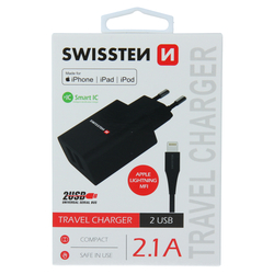 Swissten Síťový adaptér Smart IC, 2x USB 2,1A Lightning MFI 1,2m černý