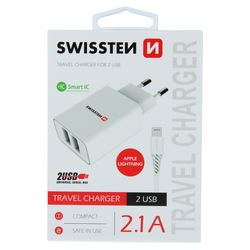 Swissten Síťový adaptér Smart IC, 2x USB 2,1A Lightning 1,2m bílý