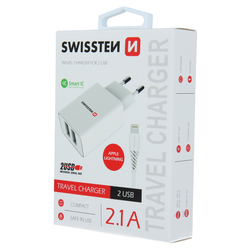 Swissten Síťový adaptér Smart IC, 2x USB 2,1A Lightning 1,2m bílý