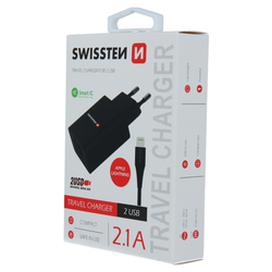 Swissten Síťový adaptér Smart IC, 2x USB 2,1A Lightning 1,2m černý