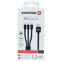 Swissten Datový kabel textilní USB / 3v1 BLACK 1,2m