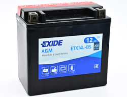 Exide AGM 12V 12Ah 200A, ETX14L-BS (150x87x145mm) JIS: YTX14L-BS